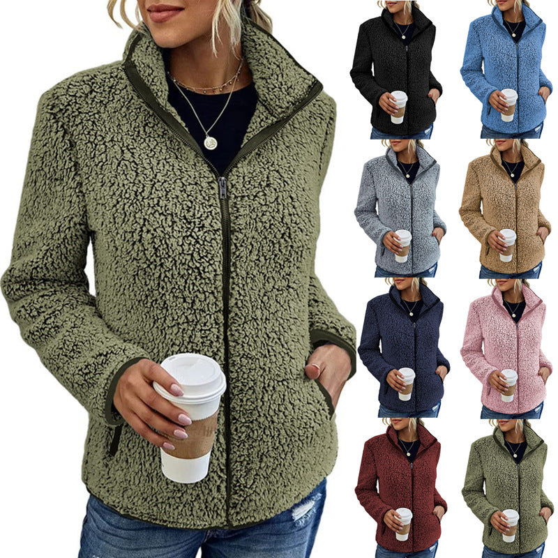 Women's Solid Color Loose Casual Zipper Bubble Veet Coats