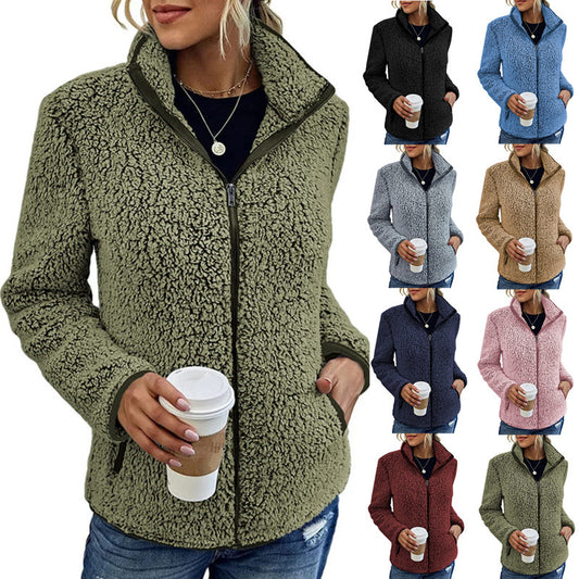 Women's Solid Color Loose Casual Zipper Bubble Veet Coats