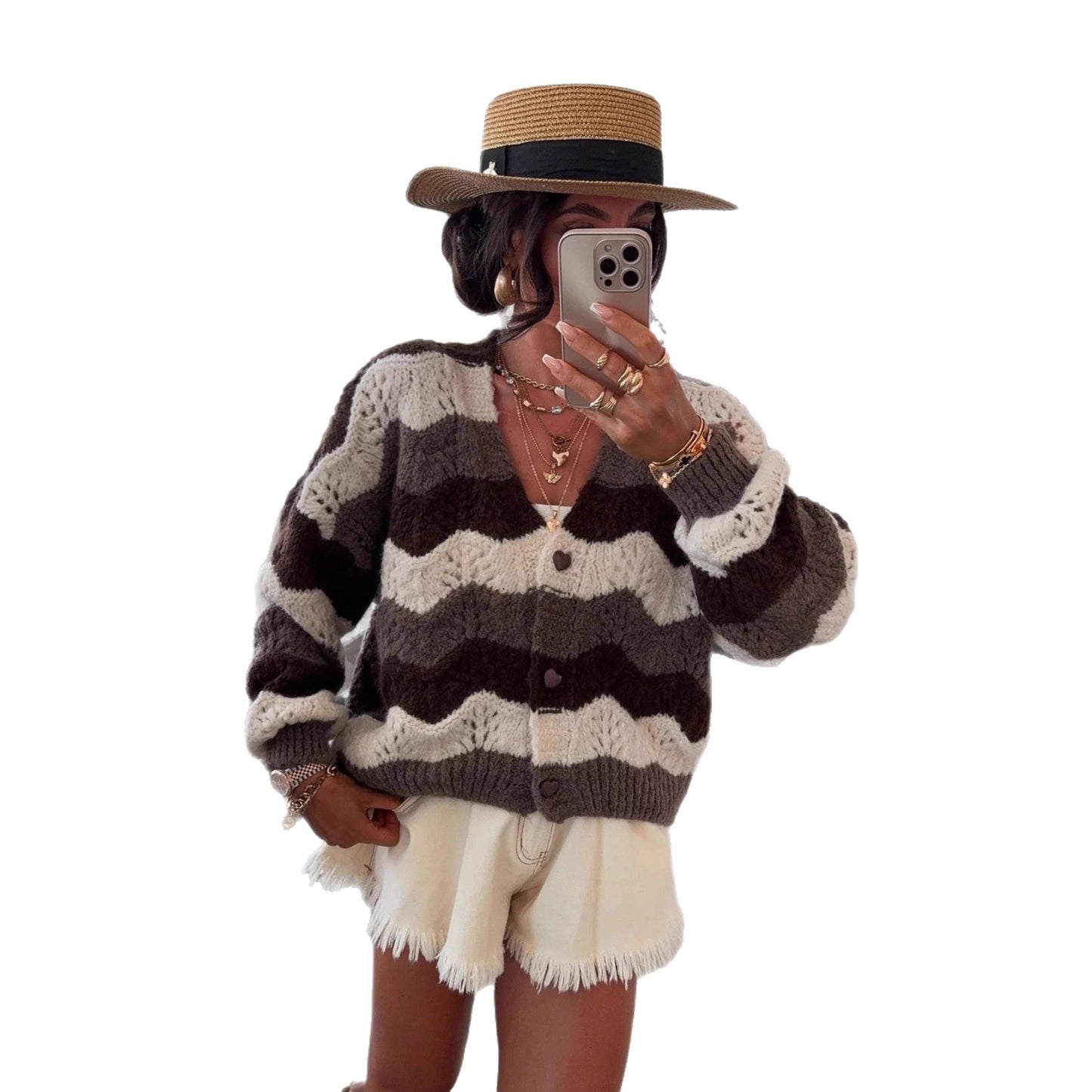 Women's Contrast Color Long Sleeve Single-breasted Knitted Sweaters