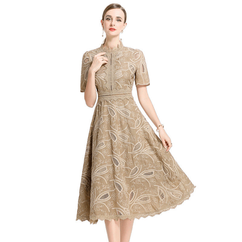 Women's French Retro Hollow Embroidered Waist Trimming Dresses