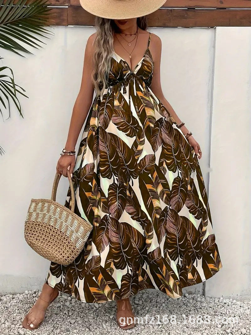 Summer Printed Spaghetti Straps Sleeveless Tropical Printing Dress