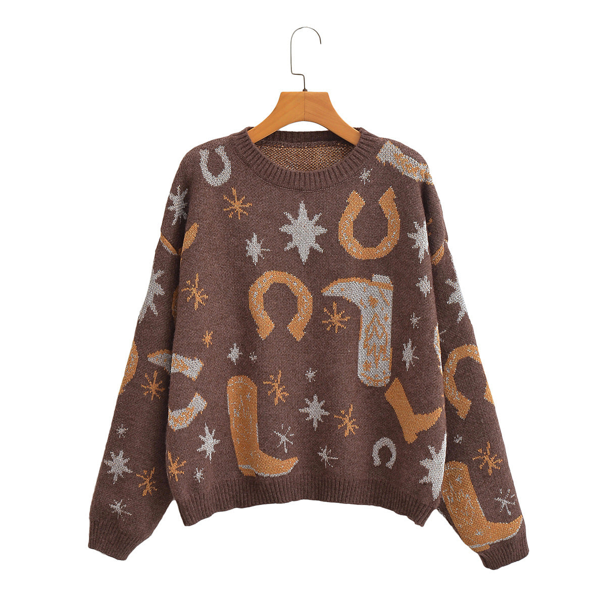 Women's Round Neck Long Sleeve Jacquard Knitted Sweaters