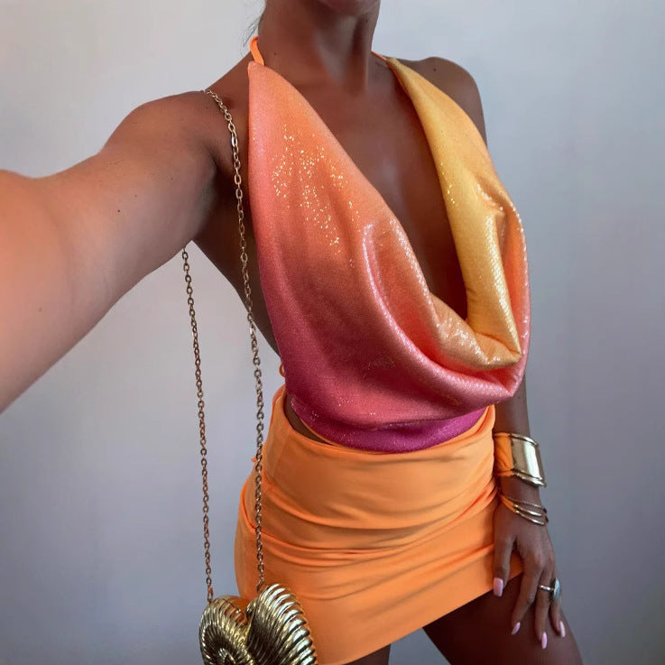 Deep Backless Sequined Floral Elegant Halter Tops