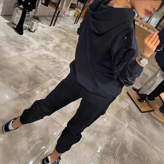 Casual Sequin Pocket Sports Hooded Sweatshirt Suits