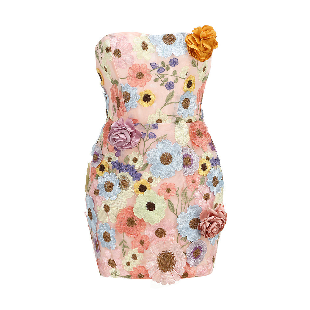 Women's Slim Tube Dress Flower Decoration A- Dresses