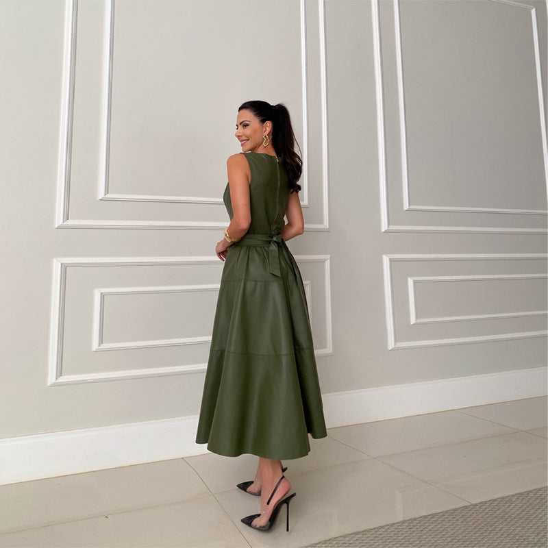 Spring Sleeveless Leather Elegant Waist Solid Dresses
