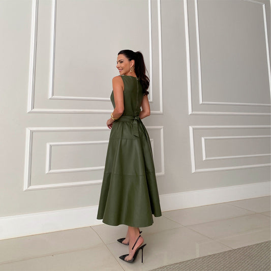 Spring Sleeveless Leather Elegant Waist Solid Dresses