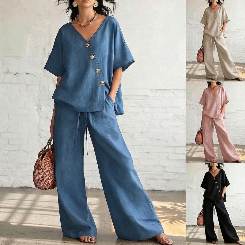 Women's Solid Color Loose Short-sleeved Drawstring Trousers Suits