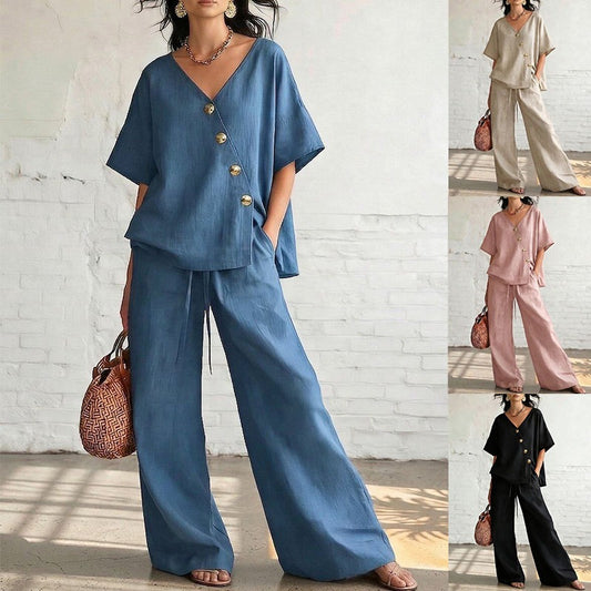 Women's Solid Color Loose Short-sleeved Drawstring Trousers Suits