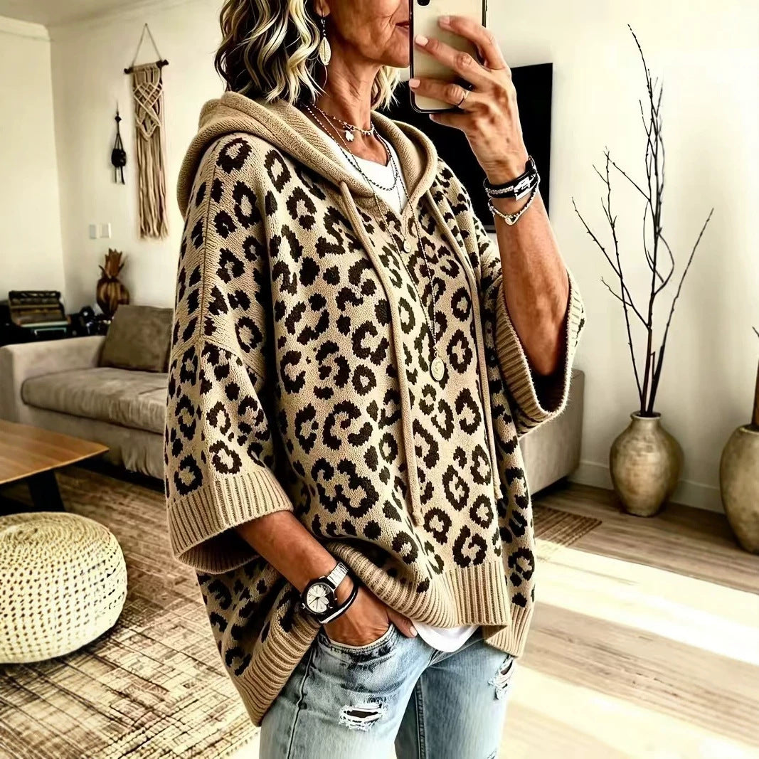 Leopard Print Hooded Drawstring Knitted Pullover Hoodie Sweater