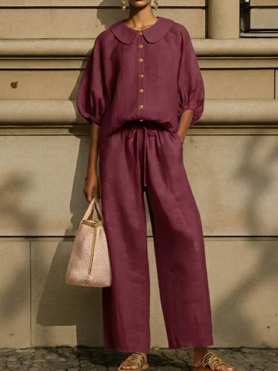 Women's Cotton Linen Lantern Sleeve Shirt Drawstring Fashion Casual Suit
