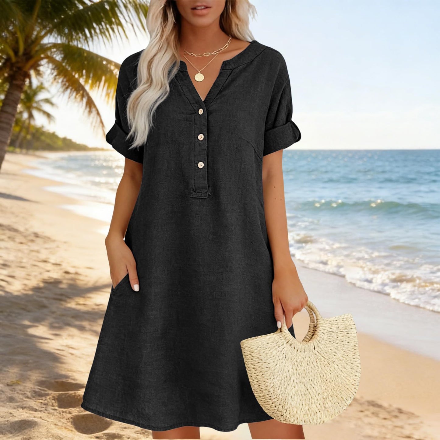 Sleeve Buttons Pocket Solid Color Shirt Shorts