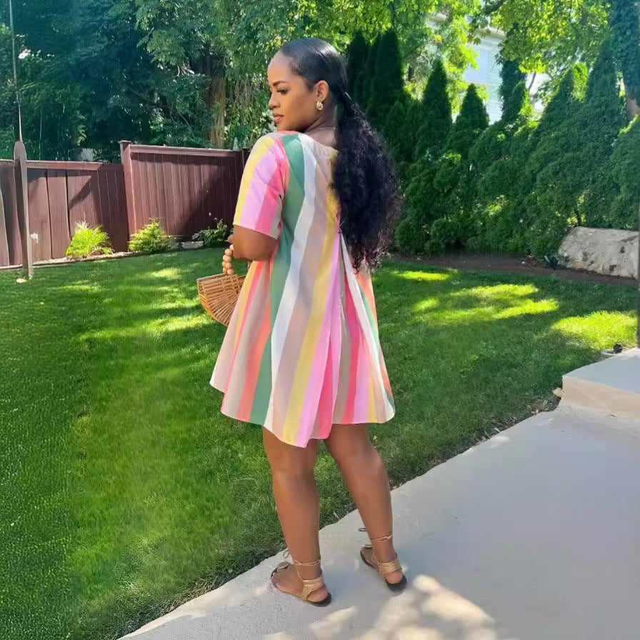 Color Stripes Stitching Pocket Sleeve Dress Dresses