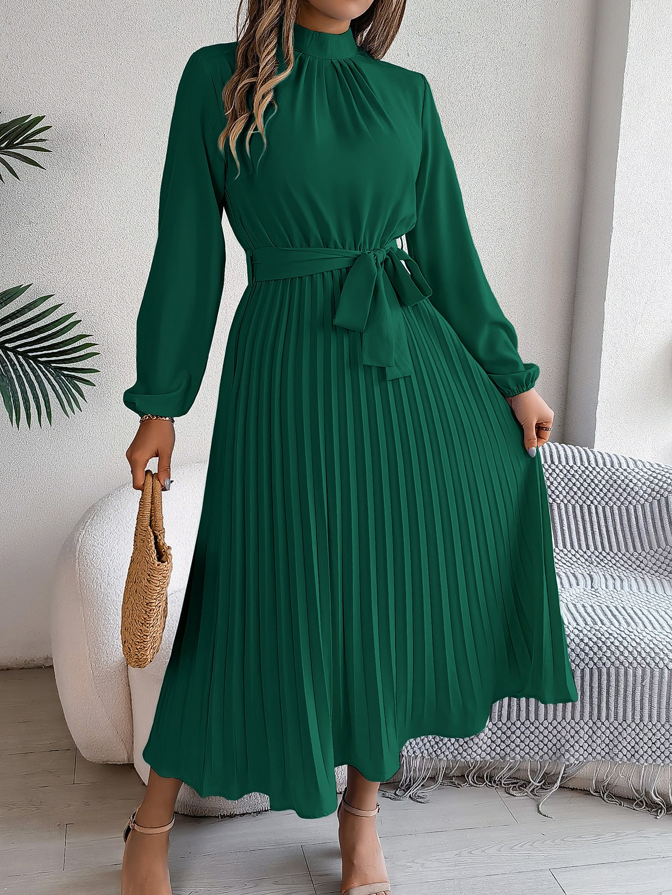 Women's Stand Collar Long Sleeve Cinched Pleated Clothing
