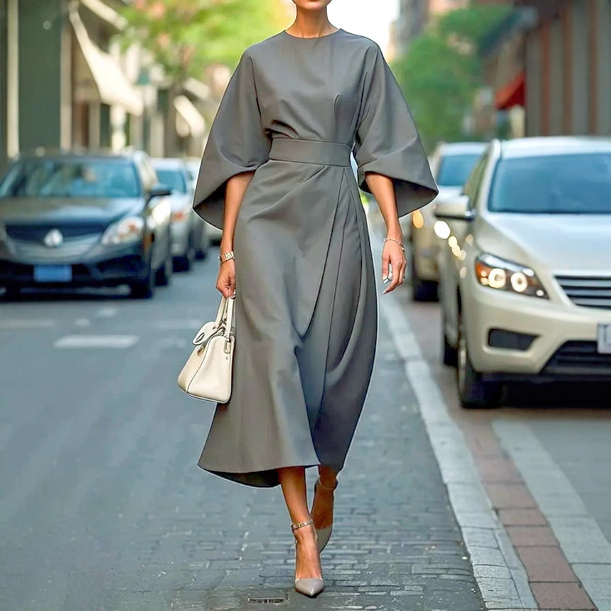 Women's Fashion Elegant Solid Color Waist Tight Casual Dolman Sleeve Dress