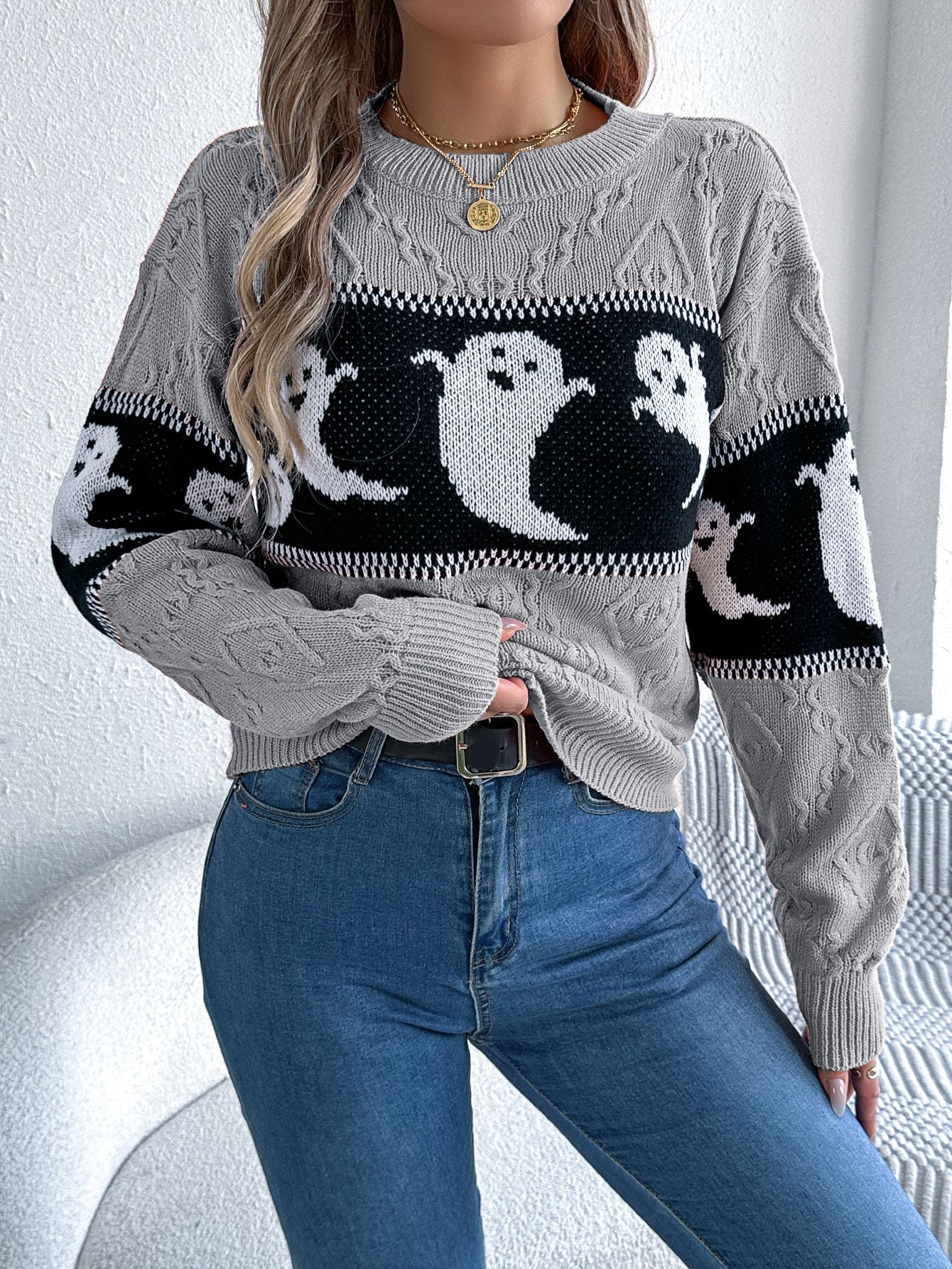 Women's Halloween Theme Ghost Contrast Color Long Sleeves Sweater