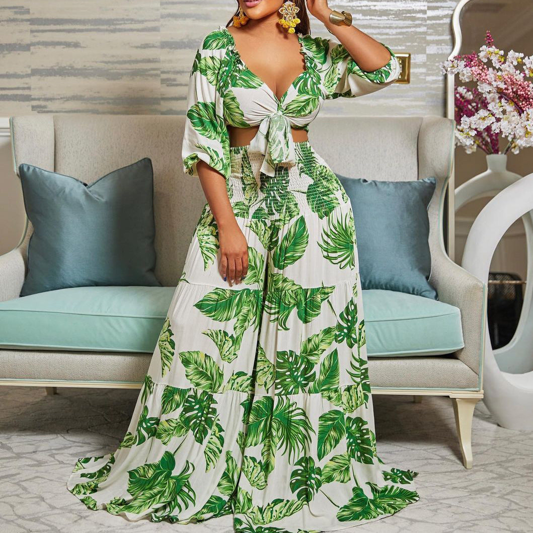 Printed Tied Wide Leg Two-piece Set Fashion Casual Suit