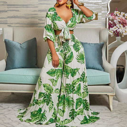 Printed Tied Wide Leg Two-piece Set Fashion Casual Suit