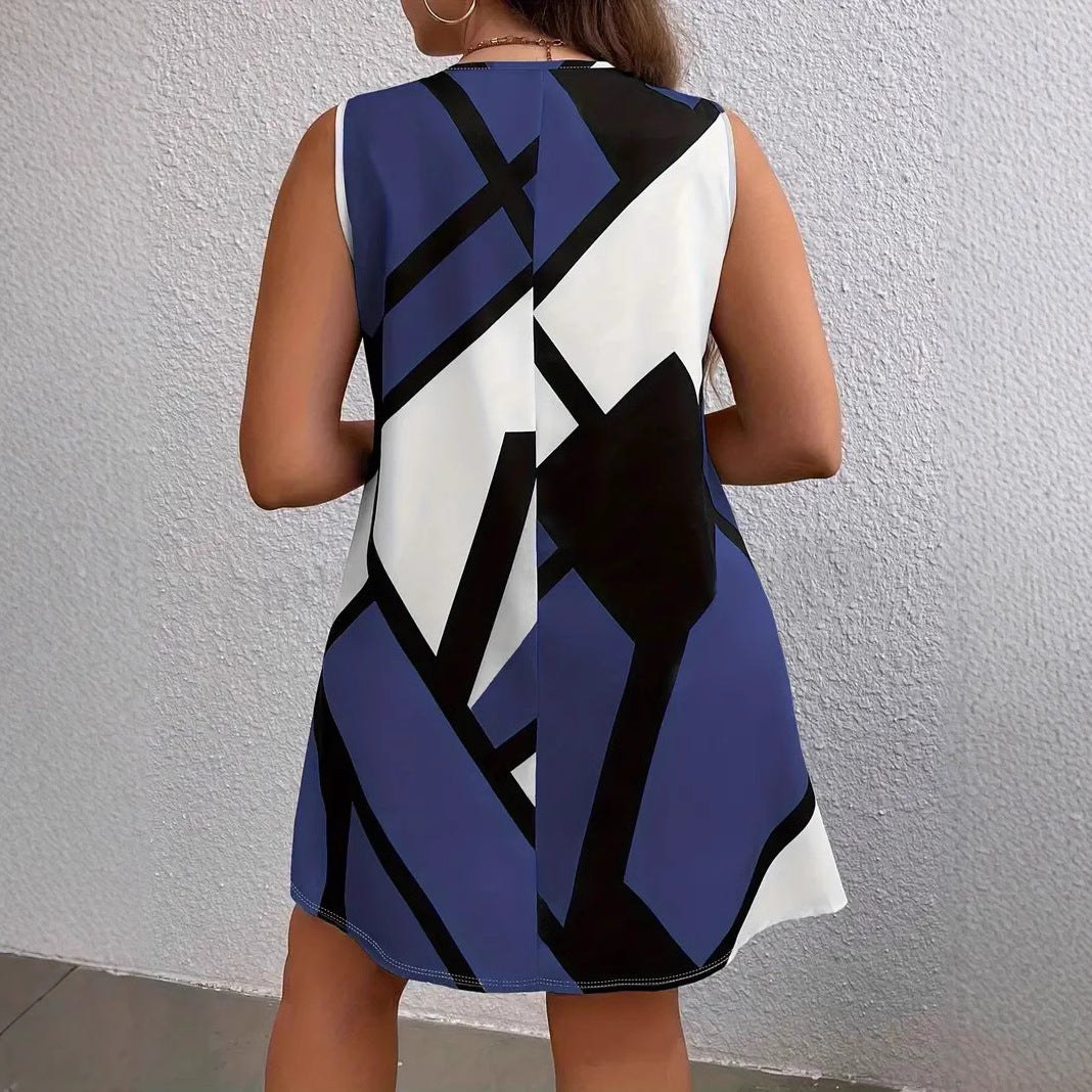 Women's Loose Big Hem Printed Geometric Pattern Sleeveless Dress