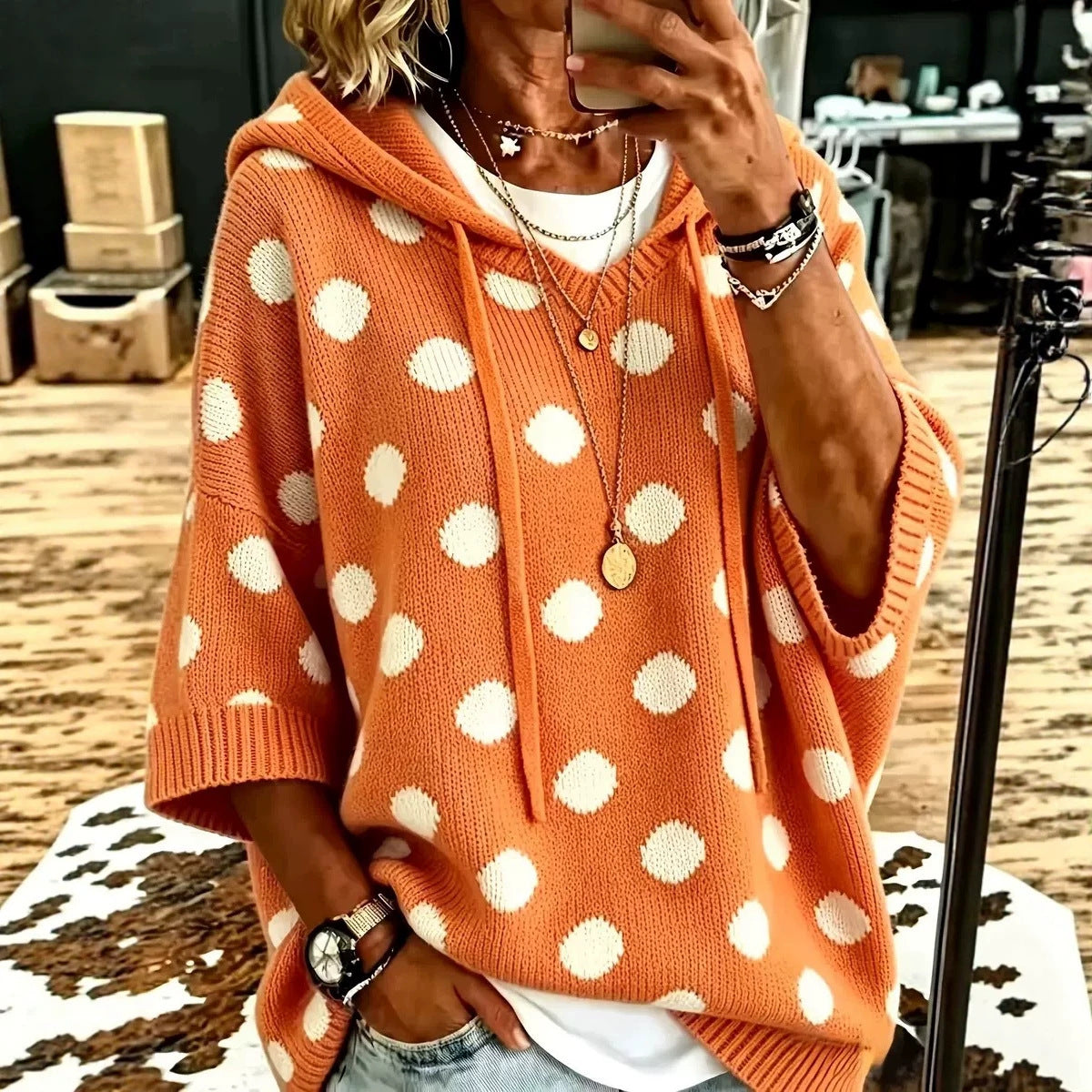 Women's Complete Sizes Elegant Loose Casual Style Polka Dot Sweater