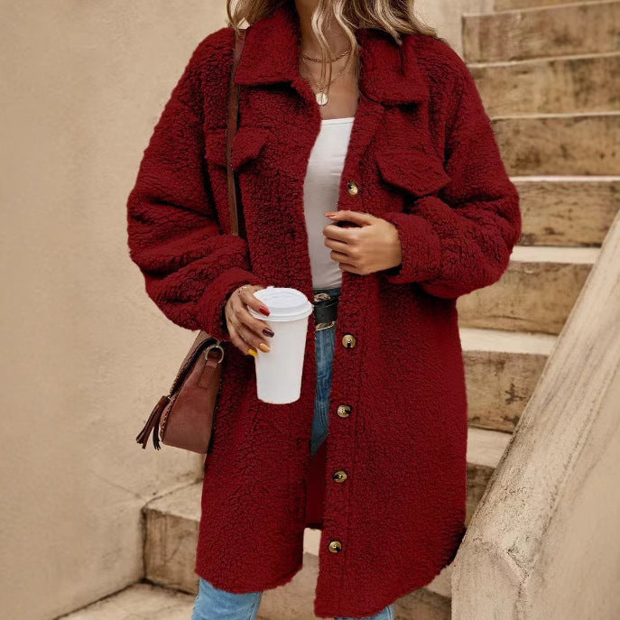 Women's Winter Buckle Lapel Plush Loose Temperament Coats