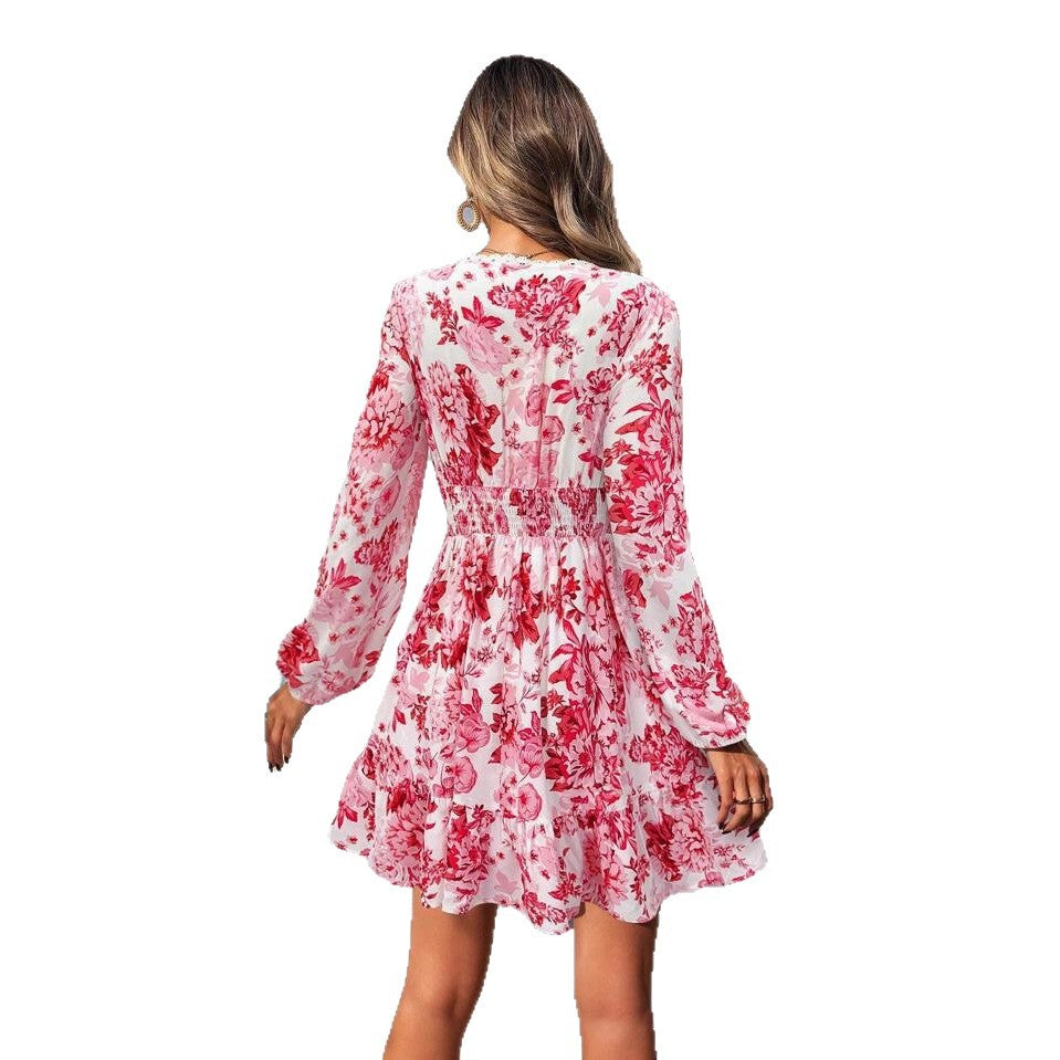 Women's Lace Printed Casual Holiday Long-sleeved Dress