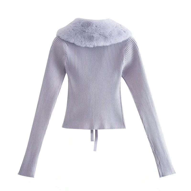 Women's Artificial Fur Effect Patchwork Knitting Slim Sweaters