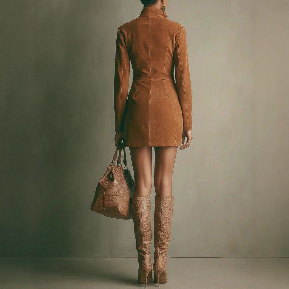 Suede Zipper Pocket Long Sleeve Stand-up Dresses