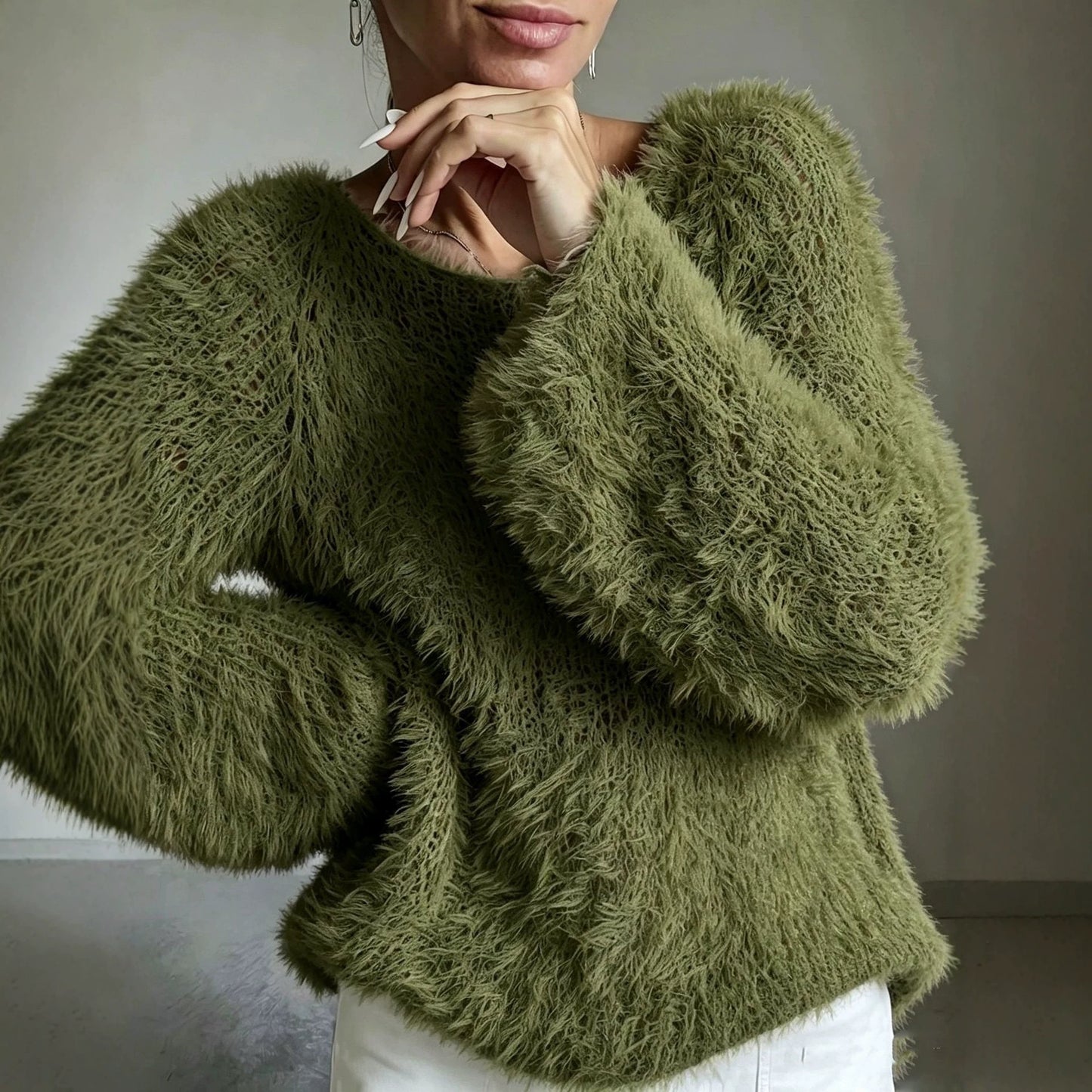 Women's Neck Fluffy Design Solid Long Sleeve Tops