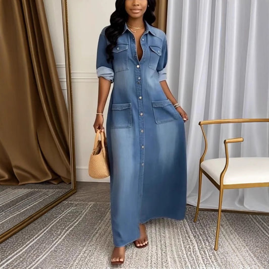 Women's Wear Lapel Wash Patchwork Pocket Casual Dresses