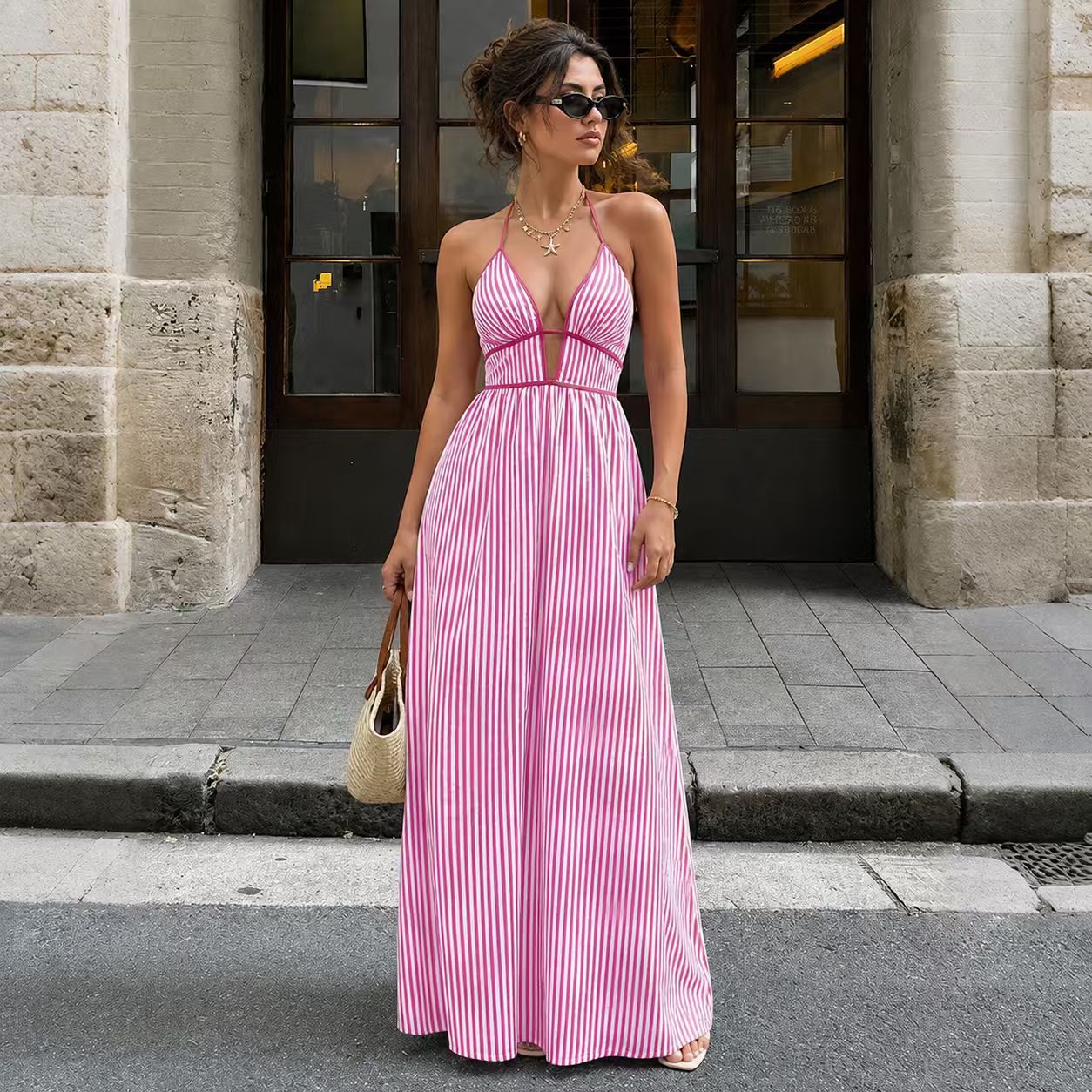 Summer Deep Striped Holiday Backless Sleeveless Dress