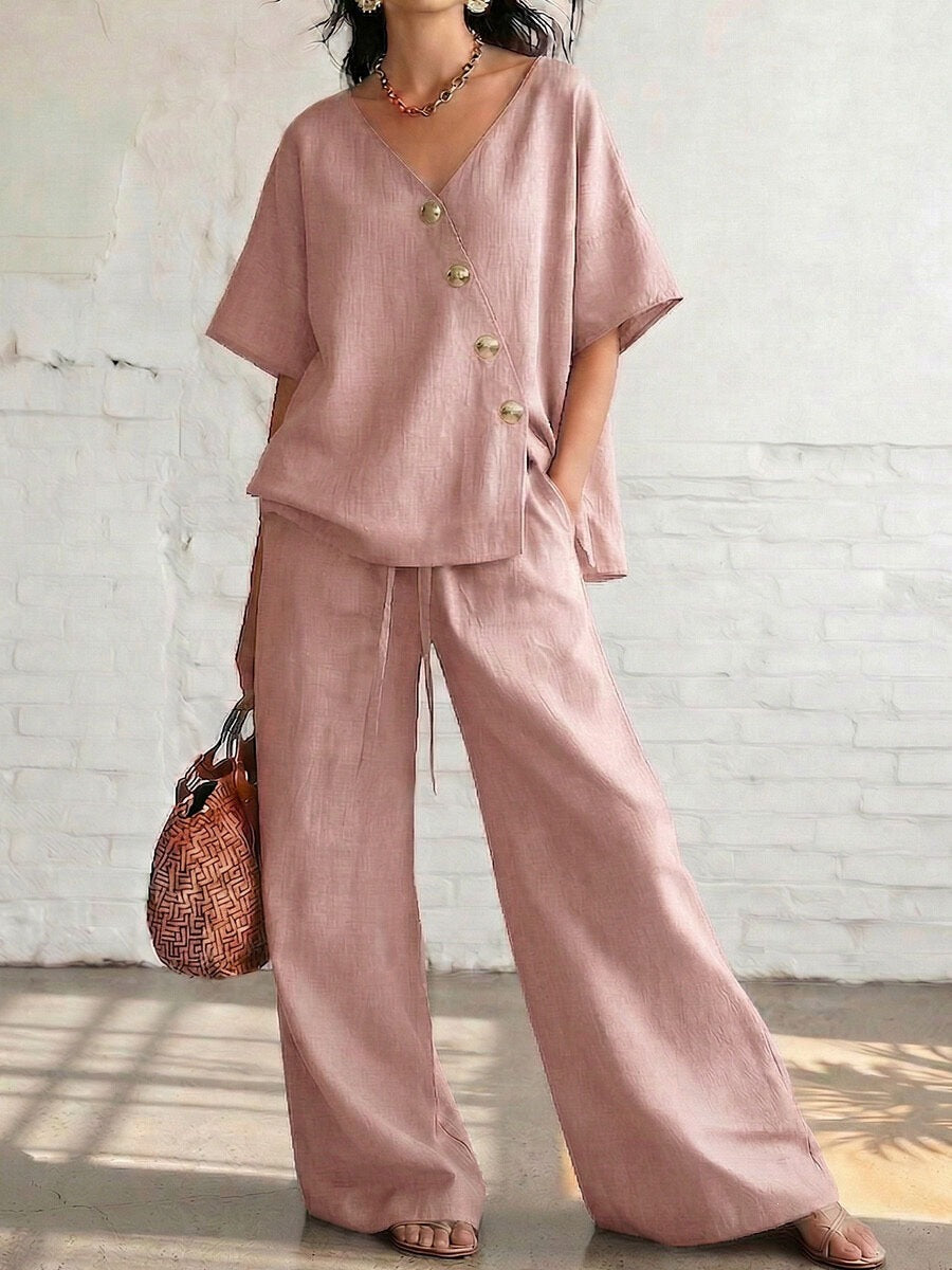 Women's Solid Color Loose Short-sleeved Drawstring Trousers Suits
