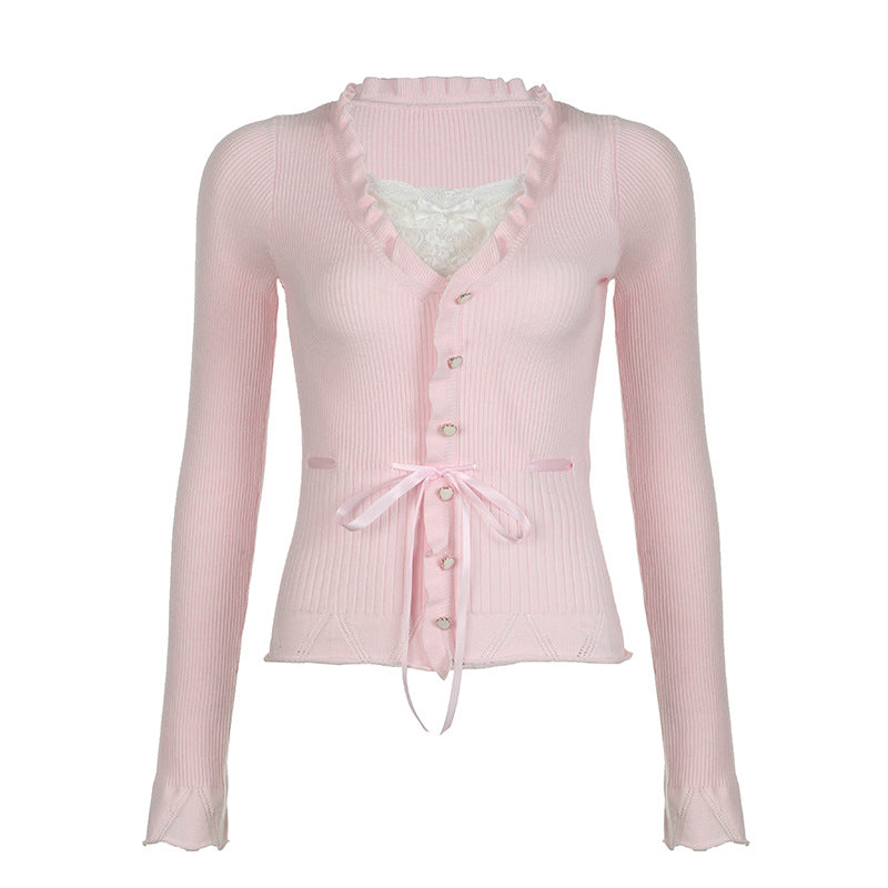 Gentle Sweet Style Lace Stitching Bow Blouses
