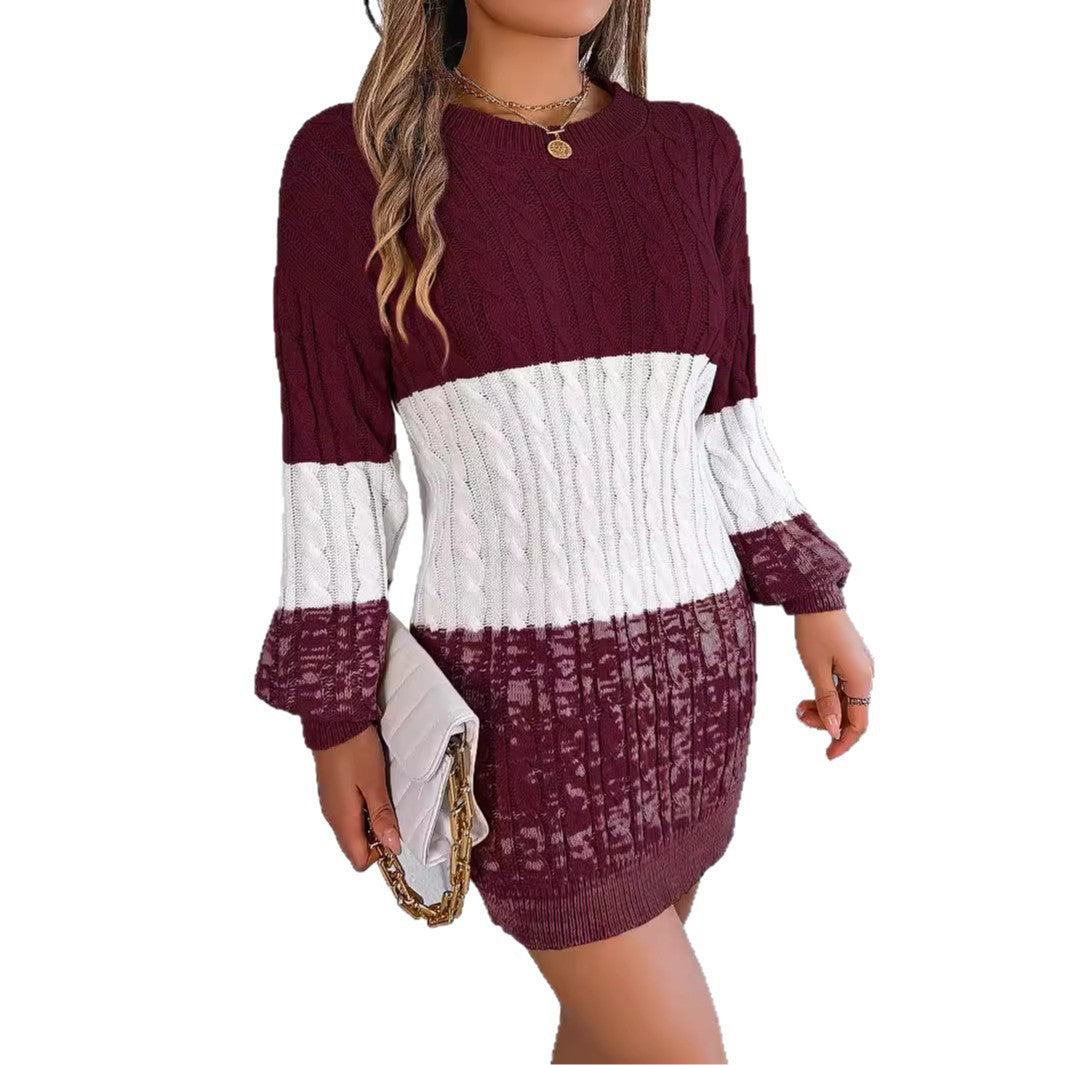Women's Casual Multicolor Twist Lantern Sleeve Woolen Dress