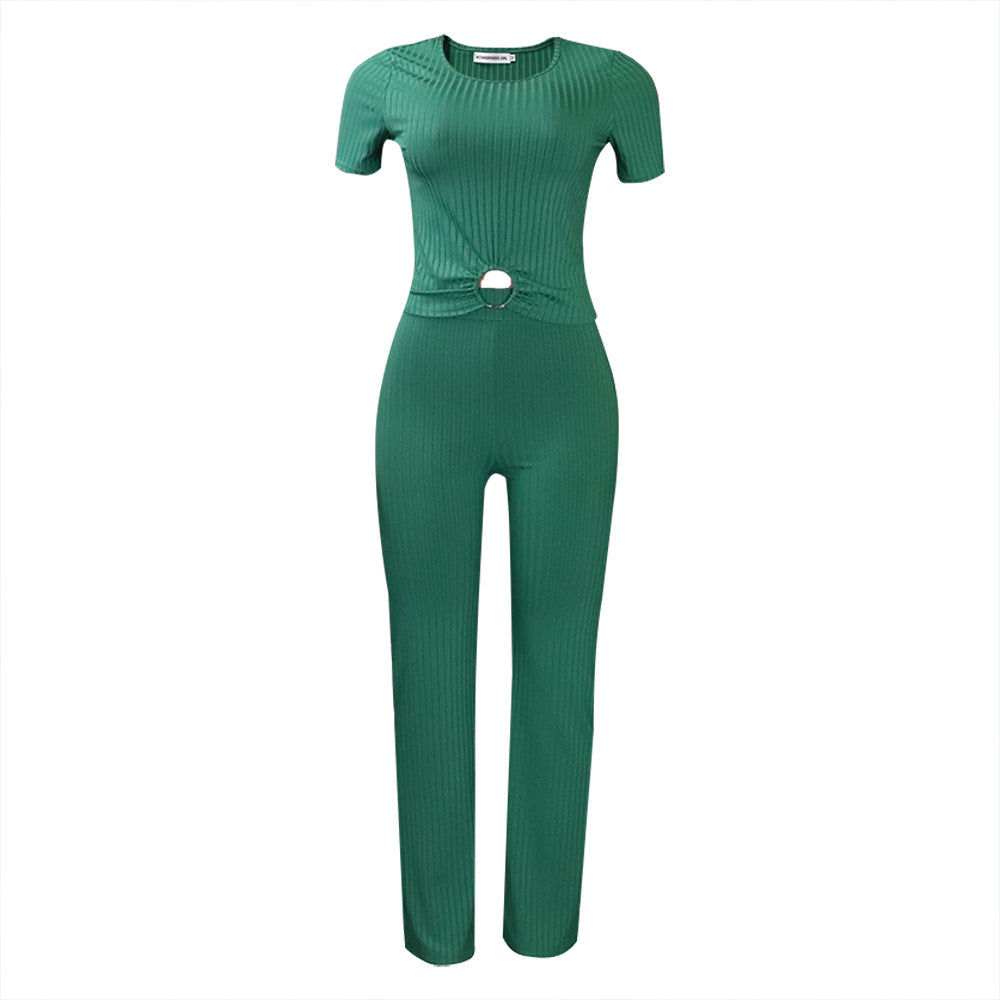 Summer Solid Color Rib Fabric Set Fashion Casual Suit