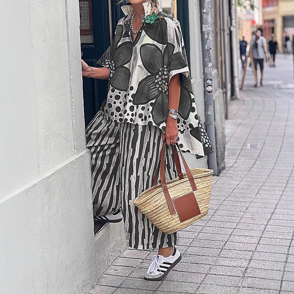 Women's Summer Lapel Loose Flower Print Set Fashion Casual Suit