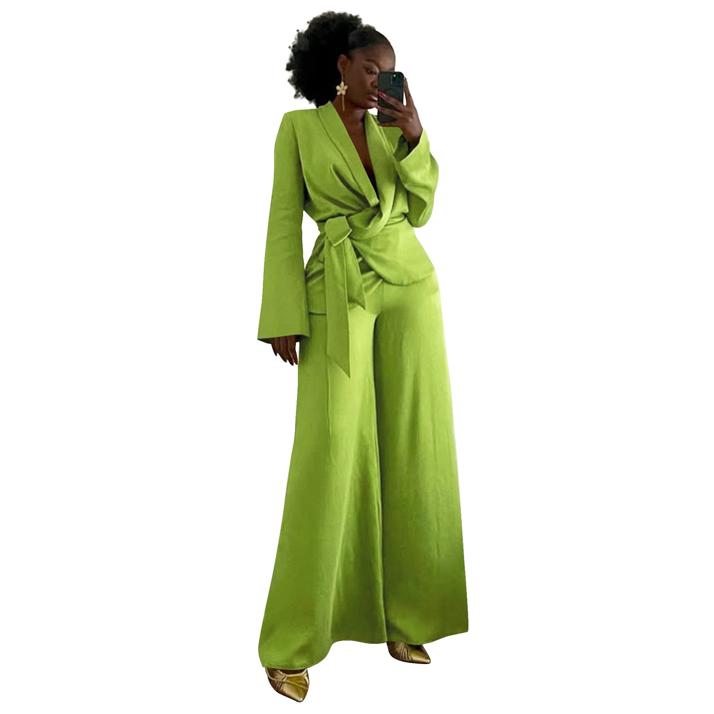 Women's Solid Color Collar Tup Wide Leg Suits