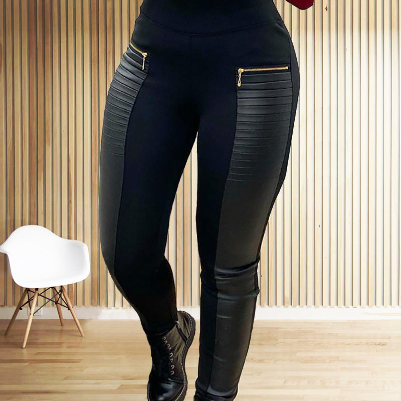 Women's Clothes Casual Black Color Imitation Leather Pants