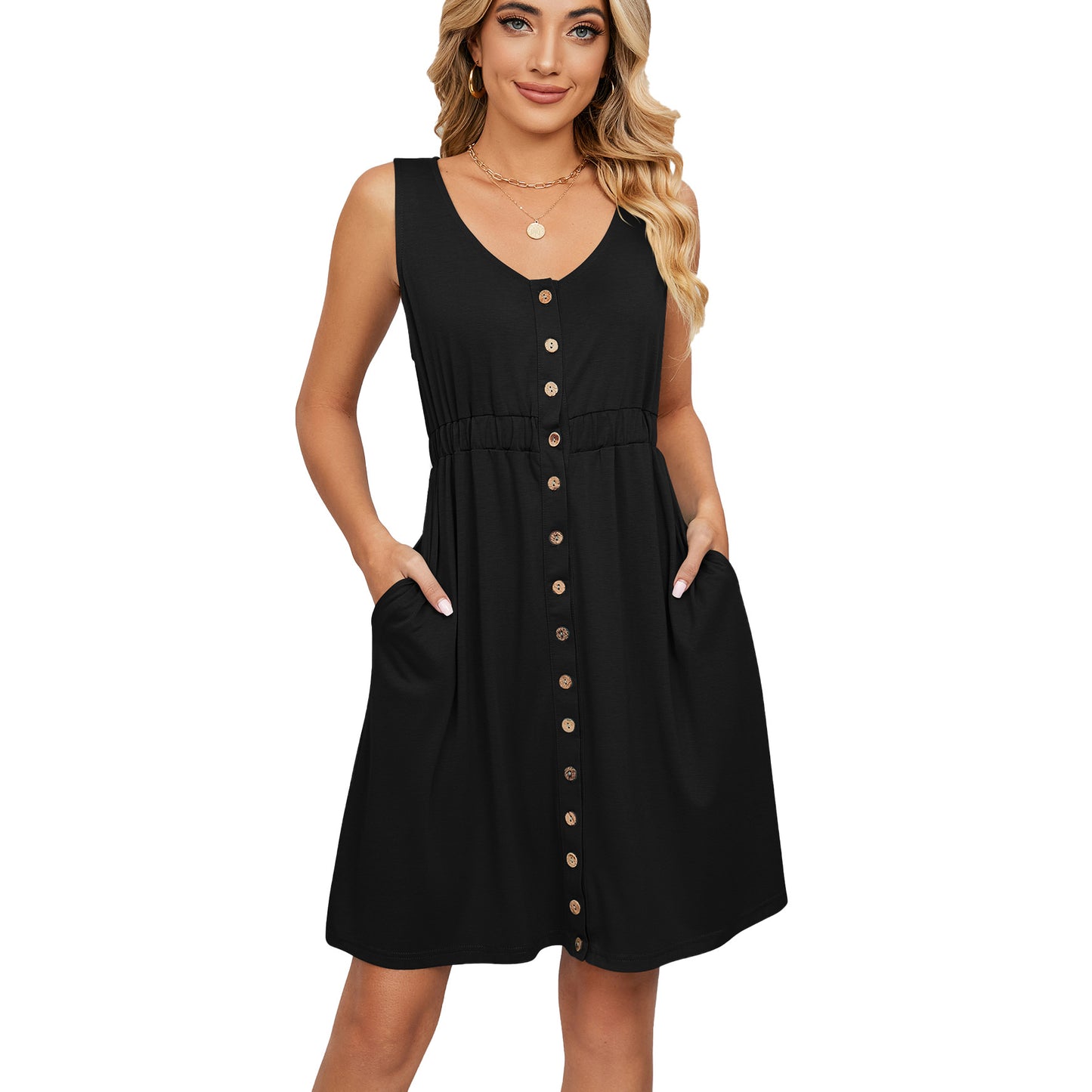 Sleeveless Button Pocket Crew Neck Split Dress