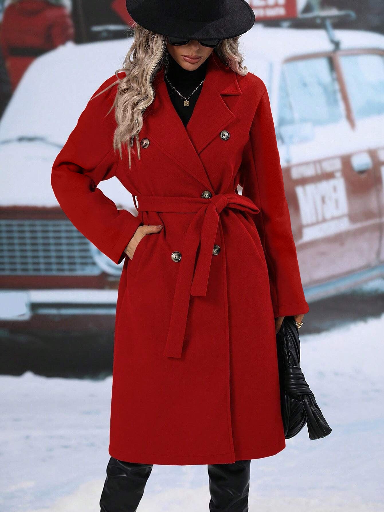 Women's Collar Woolen Double Breasted Outerwear Coats