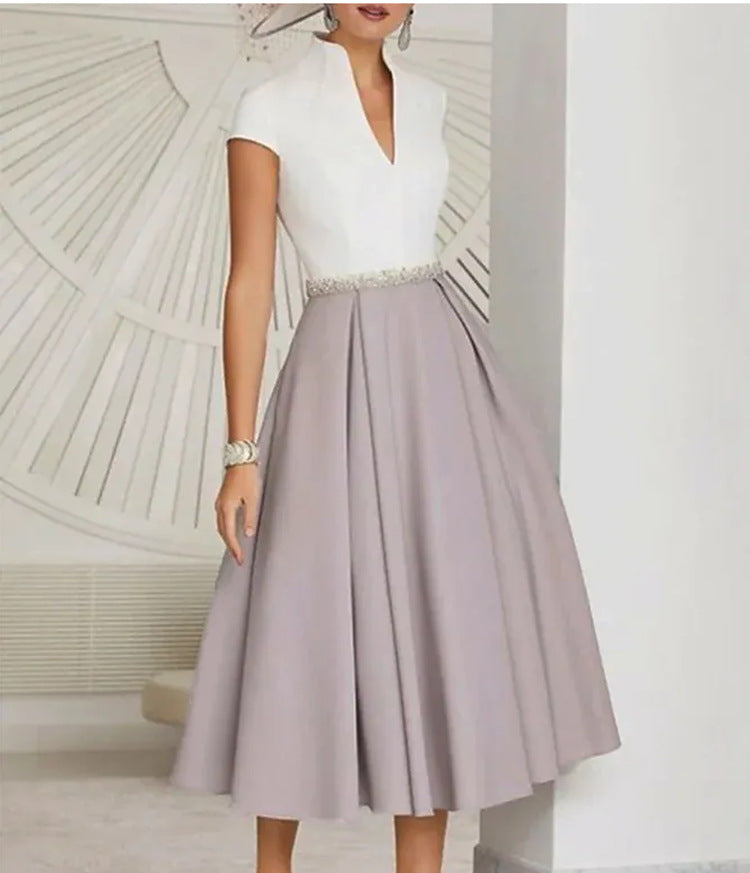 Women's A- Line Fashion White V Neck Large Dress