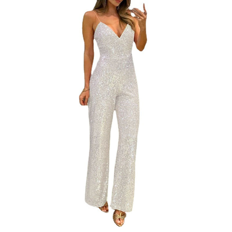 Fashion Strap Sequined Elegant Slim One-piece Jumpsuits