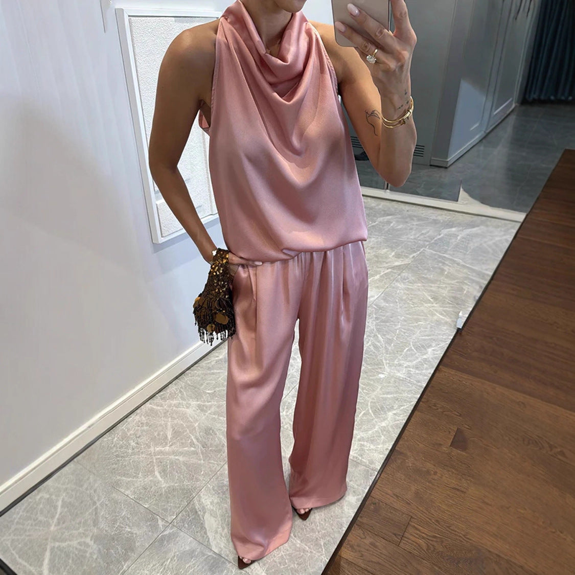 Women's Sleeveless Trousers Satin Leisure Vacation Loose Suits