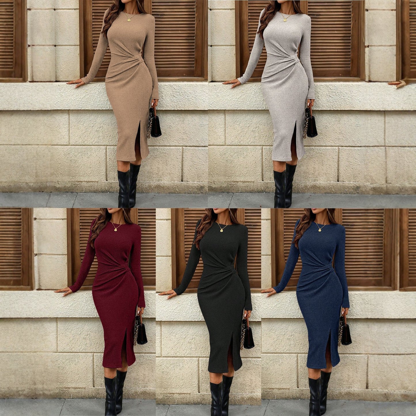 Women's Long Sleeve Twisted Split Solid Color Elegant Dress