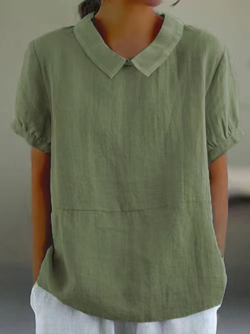 Women's Loose Lapels Shirt Sleeve Cotton Shorts