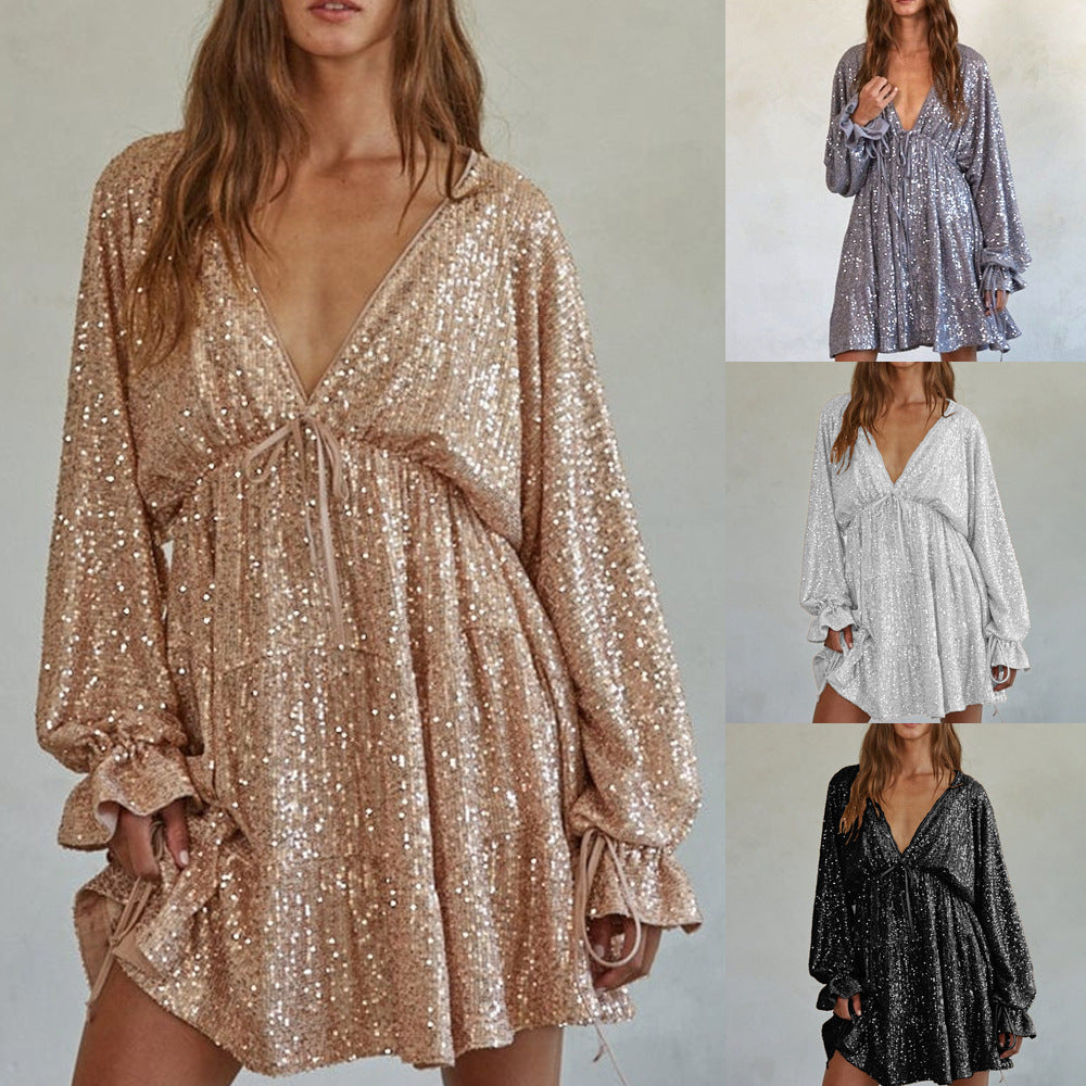 Women's Collar Sequin Sexy Hot Drape Summer Dress