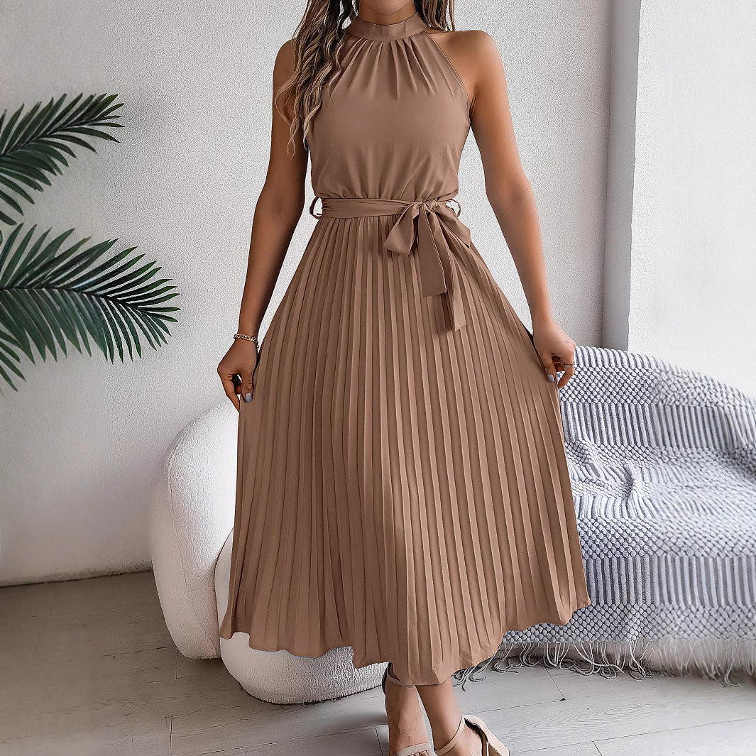 Women's Elegant Stand Collar Sleeveless Cinched Pleated Dress