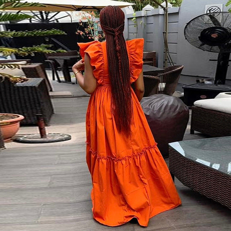 Women's Ruffle Sleeve Round Neck Waist Trimming Long Dresses