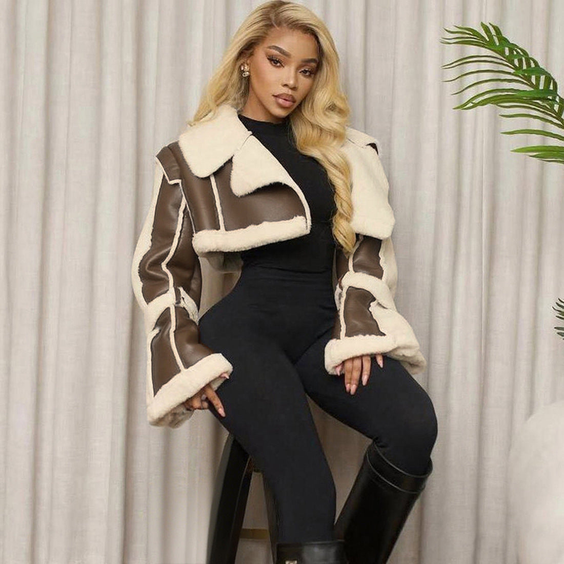 Women's Autumn Fashion Street Leather Stitching Fur Coats