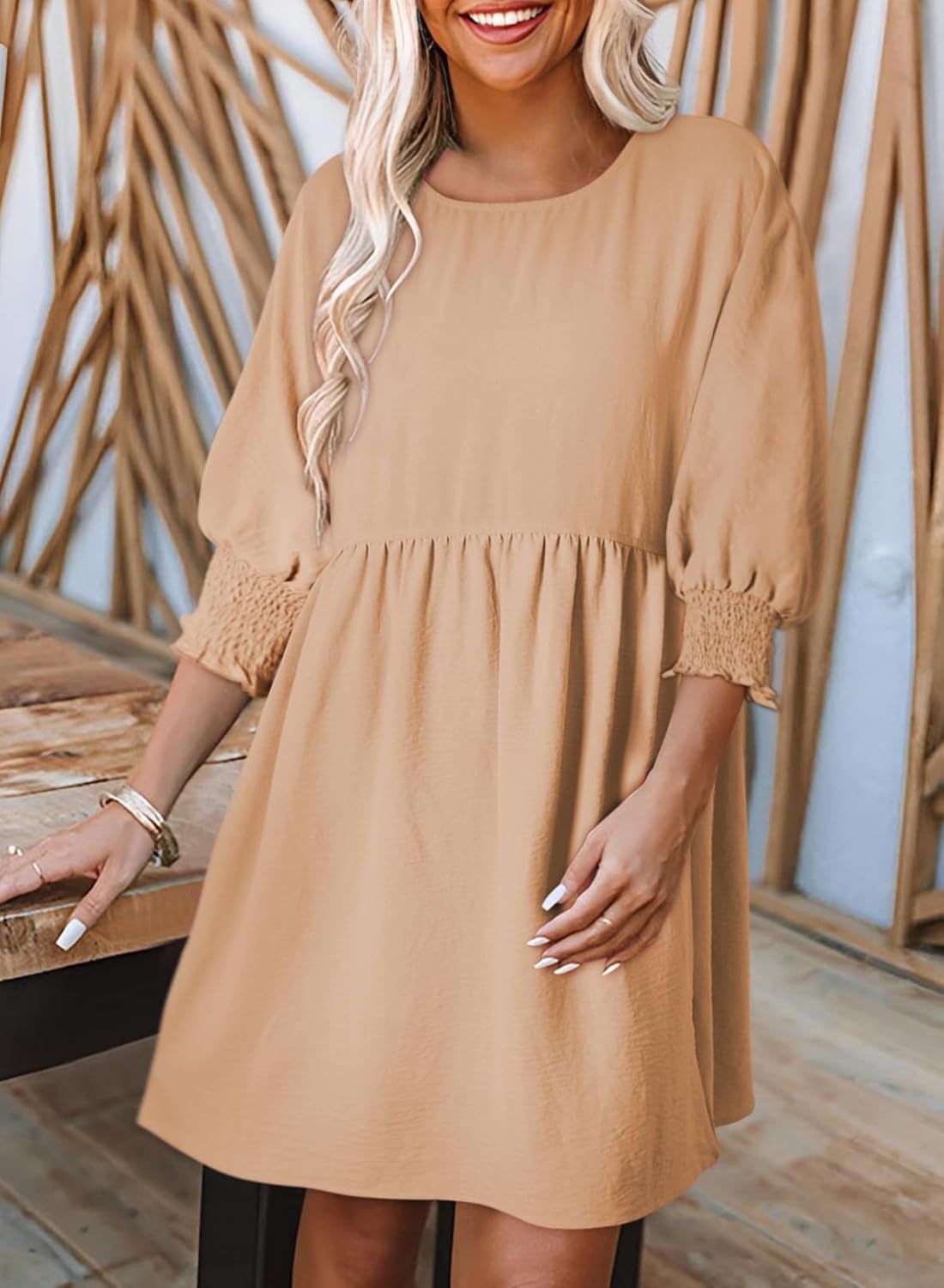 Women's Round Neck Girdle Cuff Pleating Casual Dresses